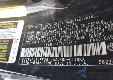 2014 Toyota Camry Se z USA, uszkodzony, nr VIN 4T1BF1FK0EU771804